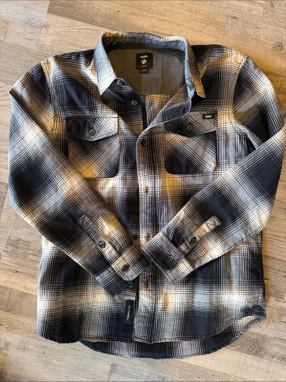 Vans Black and Cream Plaid Button-Up Shirt